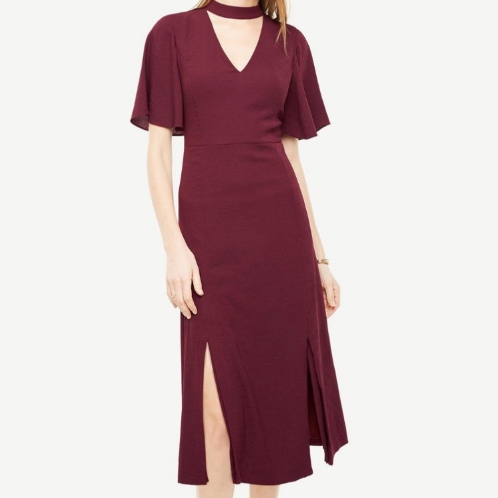 Ann Taylor burgundy midi dress with thigh slits